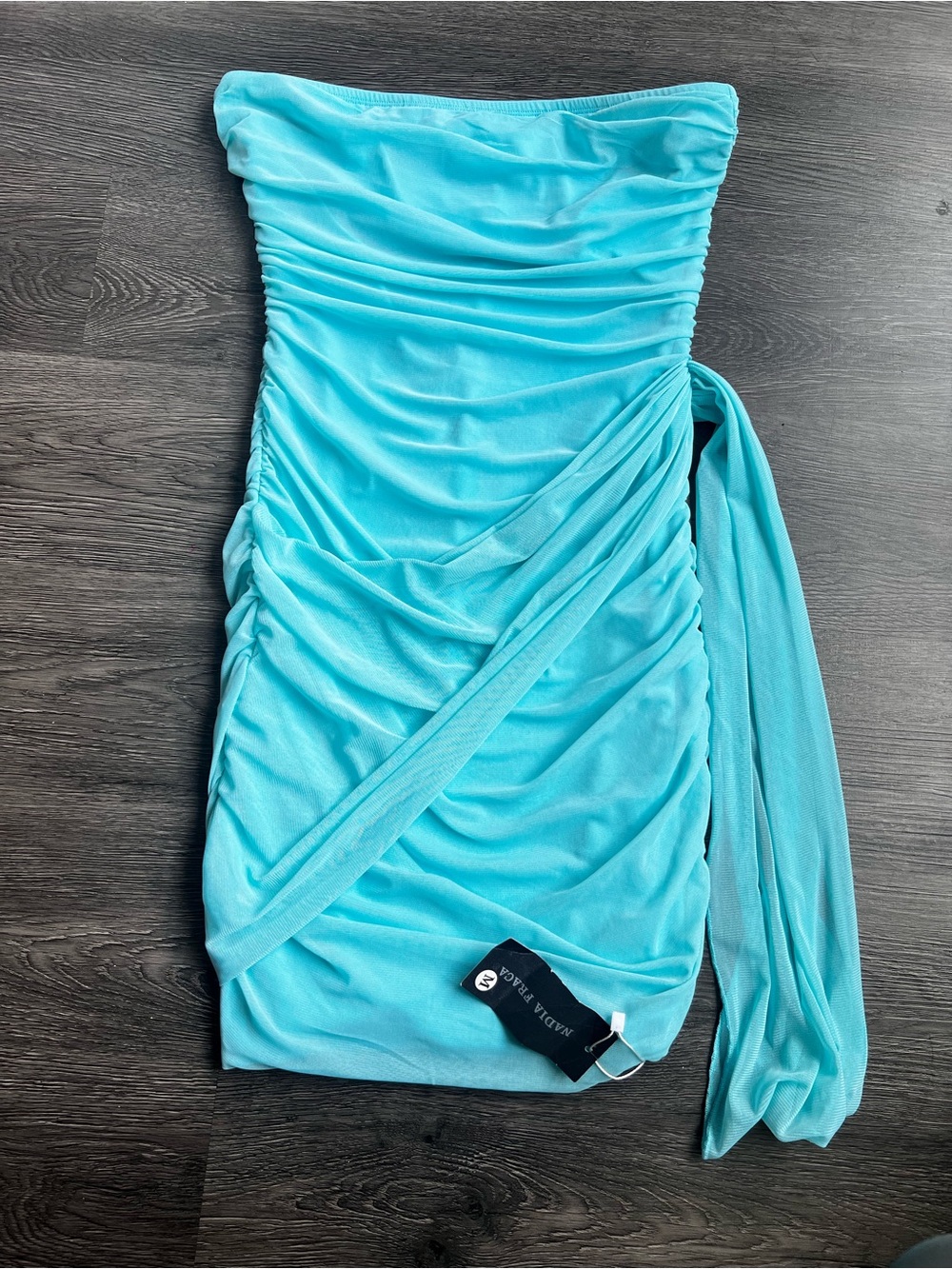 Strapless Turquoise Ruched Mini Dress - Picture 3 of 4